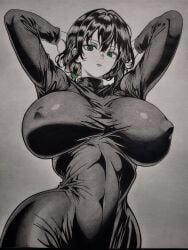 arms_up big_breasts breasts clothed_female clothing covered_breasts covered_navel covered_nipples drawing fubuki_(one-punch_man) hands_behind_head huge_breasts large_breasts milf navel nipples_visible_through_clothing one-punch_man paper_(artwork) paper_drawing rento_hito_(artist) thick_thighs thighs tight_clothes toned_stomach