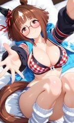 ai_generated animal_ears bikini brown_hair female horse_girl looking_at_viewer markings_on_hair red_eyes ribbon_in_hair transcend_(umamusume) umamusume umamusume_pretty_derby