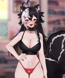 :d ahoge animal_ears antenna_hair bare_shoulders bikini black_choker black_hair black_nails blurry blurry_background blush breasts choker cleavage collar cowboy_shot depth_of_field fangs female hair_between_eyes hair_ornament hairclip hand_on_hip heart indoors large_breasts long_hair looking_at_viewer momotexx_(artist) momotexx_(vtuber) multicolored_hair nail_polish navel oerba_yun_fang open_mouth panties red_eyes red_nails red_panties smile solo standing streaked_hair swimsuit tail underwear very_long_hair vyugen wolf_ears