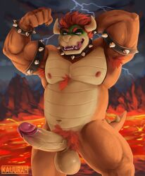 1boy 2025 anthro armband armpit_hair balls barazoku biceps big_balls body_hair bowser bracelet chest_hair chest_tuft collar detailed_background electricity erection evil_grin flexing flexing_bicep forearm_muscles genitals hair hand_behind_head hi_res horn humanoid_genitalia humanoid_penis jewelry kaijurah koopa lava licking licking_lips lightning looking_aside male male_nipples male_only manly mario_(series) mature_male mountain muscular muscular_arms muscular_legs muscular_thighs navel nintendo nipples nude open_mouth pecs penis pubes red_hair reptile scalie slightly_chubby smile solo spiked_armband spiked_bracelet spiked_collar spikes standing tongue tongue_out triceps tuft vein veiny_penis