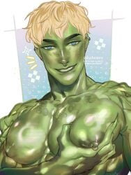 alien alien_boy alien_humanoid alien_only aommemi artist_name avengers background blonde_hair blonde_male blue_eyes commission ear_piercing earrings hulkling male male_focus male_only marvel marvel_comics pec_grab pec_squeeze pecs pierced_nipples piercing piercings sharp_fingernails smile smiling smiling_at_viewer staring_at_viewer teddy_altman topless young_avengers