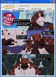 anthro barazoku belly biceps blush breath closed_eyes co-worker comic cosmictail covering covering_eyes covering_face deltoids english_text erection erection_under_towel forearm_muscles grimace group hi_res hyena locker_room male male/male mammal musclegut muscular muscular_legs muscular_thighs navel nipples nude pecs penis_silhouette public_erection silhouette silhouetted_body sitting slightly_chubby speech_bubble text towel towel_around_waist towel_only triceps trio unwanted_erection zayn_(cosmictail)