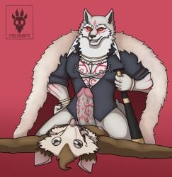 american_opossum anthro baseball_bat bat_(object) big_muscles big_penis black_eyes canid canine canis clothed clothing coat cowgirl_position cyrus-inkubatto duo epic_games erection fletcher_kane fortnite from_front_position genital_tattoo genitals hi_res humanoid_genitalia humanoid_penis jewelry lying male male/male mammal marsupial muscular nipples on_bottom on_top pendant penis penis_tattoo pink_background red_eyes seductive sex shirt simple_background skillet_(fortnite) tattoo topwear vein veiny_penis wolf