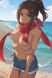1girls ai ai_female ai_generated almost_naked almost_nude arm_under_breasts beach breasts brown_eyebrows brown_eyes brown_hair crossover crossover_cosplay dark-skinned_female dark_skin female female_focus female_only ghondor_vandham_(xenoblade) grand_theft_auto_vi gta_6 jeans_shorts lucia_caminos_(cosplay) monolith_soft navel nintendo nipples ponytail quinzo11 red_scarf rockstar_games scarf self_upload standing standing_female xenoblade_(series) xenoblade_chronicles_(series) xenoblade_chronicles_3