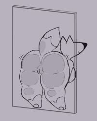 against_surface anthro anus ass ass_on_glass breasts canid canine diane_gram female fox genitals glass grey_background mammal nude on_glass on_glass_surface onetiredbear presenting presenting_hindquarters pussy side_boob simple_background smile solo thick_thighs wide_hips