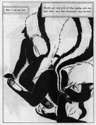 absurd_res anthro black_and_white black_fur bottle breasts claws comic duo female fur hi_res james_m_hardiman mammal monochrome nicole_(jmh) nude onyx_(jmh) traditional_media_(artwork) yuri