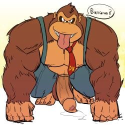 1:1 anthro ape balls belly biped bodily_fluids bottomwear brown_body brown_fur clothed clothing donkey_kong_(character) donkey_kong_(series) donkey_kong_bananza foreskin fur genital_fluids genitals gorilla half-erect haplorhine hi_res humanoid_genitalia humanoid_penis kibzgrandius looking_at_viewer male mammal manly musclegut muscular muscular_anthro muscular_male necktie nintendo nipples open_bottomwear open_clothing open_pants overalls overweight overweight_anthro overweight_male pants pecs penis precum precum_pool primate solo suspenders tongue tongue_out uncircumcised