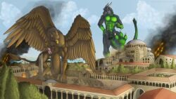 3_toes 4_toes 5_fingers abs altairxxx anthro avian balls beak biceps brown_body building building_destruction burning burning_building carpo city city_background city_destruction cityscape claws destruction dragon duo erection extreme_size_difference feathered_wings feathers feet finger_claws fingers fire genitals green_body gryphon hi_res humanoid_genitalia humanoid_penis invalid_tag macro macro_anthro macro_male male muscular muscular_anthro muscular_male mythological_avian mythological_creature mythological_scalie mythology nude outside pawpads paws pecs penile penis rampage scalie size_difference smile soles tail tegon_(dsc85) toe_claws toes wings