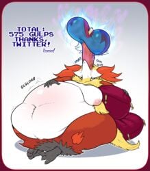 2017 anthro areola balls belly_expansion big_belly big_breasts breasts cum cum_inflation dawmino delphox disembodied_penis duo english_text erection excessive_cum fellatio female hi_res huge_belly hyper inflation inverted_nipples lucario male massive_belly mega_evolution mega_lucario nintendo nipples oral penis pokemon pokemon_(species) sex text video_games