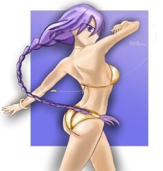 1girls artist_name ass big_breasts bikini braid braided_ponytail breasts busty carnival_phantasm female female_only gold_bikini highres large_breasts legs long_hair looking_at_viewer melty_blood open_mouth pose posing purple_eyes purple_hair sexy sexy_pose sideboob sion_eltnam_atlasia smile solo swimsuit thighs tongue tsukihime very_long_hair voluptuous