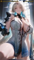 2025 ai ai_assisted ai_generated anime anime_style artist_name blonde_hair breasts dreamyan_ai fleurdelys_(wuthering_waves) hi_res high_quality high_resolution highres horn huge_breasts long_hair looking_at_viewer patreon seductive seductive_eyes seductive_look seductive_pose seductive_smile size_difference smile smiling smiling_at_viewer taller_girl thick_ass thick_thighs thighs uncensored wuthering_waves