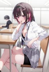 1boy 1girls ai_generated bike_shorts bike_shorts_under_skirt black_bra black_choker black_hair black_hairband black_shorts blush bra bra_peek breasts chair chigusa_minori choker classroom collared_shirt commentary_request corrupted_twitter_file crossed_legs desk dress_shirt feet_out_of_frame flashing from_side grey_skirt hair_ornament hairband highres indoors lace-trimmed_bra lace_trim long_sleeves looking_at_viewer looking_to_the_side medium_breasts multicolored_hair on_chair parted_lips partially_unbuttoned pendant_choker pleated_skirt purple_eyes purple_hair school_chair school_desk shino_to_ren shirayuki_ren shirt shirt_tucked_in short_hair shorts shorts_under_skirt sitting skirt smile solo_focus thighs tongue tongue_out two-tone_hair underwear white_shirt