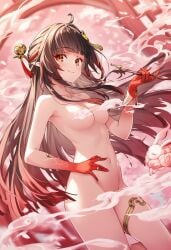 ai_generated brown_hair covered_nipples covered_pussy curvy_figure honkai:_star_rail lingsha_(honkai:_star_rail) naked_female raaicave red_eyes shoulders small_breasts