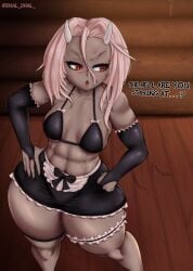 1girls 2025 absurd_res annoyed arm_warmers big_breasts black_clothing bra breasts calamitas calamity_mod curly_hair demon demon_girl demon_horns dhaldhal dialogue facial_scar female grey_body grey_skin hands_on_hips horns long_hair maid maid_uniform muscles muscular muscular_female red_eyes scar six_pack skirt standing terraria thick_thighs thighs white_hair witch