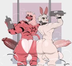 akachionmain anthro ass ass_to_ass balls big_balls big_butt big_muscles big_penis blep blonde_hair boner bottle butt_squish collar container duo erection felid fur genitals glans hair hi_res holding_bottle holding_container holding_object huge_butt huge_cock humanoid_genitalia humanoid_penis hyper hyper_genitalia hyper_penis lagomorph leporid looking_at_viewer looking_back looking_back_at_viewer male male/male male_only mammal muscular muscular_anthro muscular_male nude nude_male one_eye_closed pantherine penis rabbit rear_view squish take_your_pick thick_thighs tiger tongue tongue_out whiskers white_body white_fur white_hair wide_hips wink winking_at_viewer