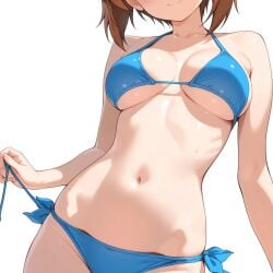 2025 ai_generated anime_style belly blue_bikini brown_hair holding_panties instagram looking_at_viewer meta not_porn short_hair smile_at_viewer smiling_at_viewer ten01c tummy unknown_character