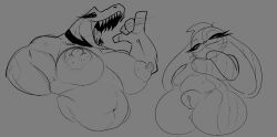 2girls anthro areolae big_areola big_breasts bottom_heavy breasts choker choker_only curvaceous curvy curvy_figure dinosaur erect_nipples fellatio_gesture female female_only fit fit_female furry gayplantsex grey_background greyscale huge_breasts lagomorph looking_at_viewer low-angle_view monochrome montgomery_glands neckwear nude open_mouth pussy rabbit rabbit_ears scalie sharp_teeth sketch thick_thighs tyrannosaurus_rex voluptuous voluptuous_female wide_hips