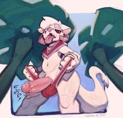 balls_outline big_penis black_sclera blue_sky bodily_fluids bulge clothed clothing clothing_pull detailed_bulge ears_down erection geary genital_outline genitals halo-pano hi_res horn huge_cock imp looking_back male palm_tree partially_clothed penis penis_out_of_underwear pivoted_ears plant sky sky_background sweat sweatdrop sweaty_legs swimsuit_only tail tongue tongue_out tree underwear underwear_down underwear_pull