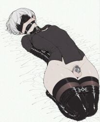 1boy ai_assisted arms_behind_back ball_gag bed_sheet black_blindfold black_footwear black_thighhighs blindfold blush bondage boots bottomless bound bound_arms bound_legs cleavage_cutout clothing_cutout femboy gag gagged lock lying male_focus nier nier:_automata nier_(series) on_back on_bed otoko_no_ko penis restrained saliva short_hair solo sondu submissive_male sweat testicles thigh_boots thighhighs white_hair yaoi yorha_9s yorha_no._2_type_b yorha_no._9_type_s