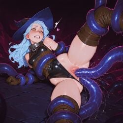ai_generated blue_hair blush bondage captured collar cumming double_penetration gwen leopard peril_reviwer restrained_by_tentacles revealing_clothes shackles skintight_clothing tentacle tentacle_rape tentacle_sex thighhighs wizard wizard_hat yellow_eyes