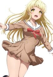 1girls :d absurdres bang_dream! black_shoes blonde_hair blunt_bangs blunt_ends blush breasts brown_dress buttons collarbone commentary cowboy_shot double-breasted dress female floating_hair hanasakigawa_school_uniform hands_up highres leg_up long_hair long_sleeves looking_at_viewer medium_breasts neck_ribbon noshimurin open_mouth outstretched_arms pleated_dress red_ribbon ribbon sailor_collar school_uniform serafuku shoes sidelocks simple_background smile solo standing standing_on_one_leg teeth tsurumaki_kokoro upper_teeth_only white_background white_sailor_collar yellow_eyes