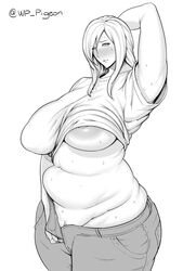 aya_brea blush clit_slip curvy female female_protagonist jeans large_areolae large_breasts monochrome nipple_slip parasite_eve plump standing sweat waterproof-pigeon