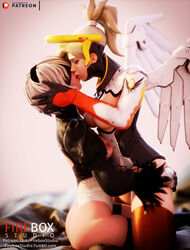 2girls 3d absurdres angela_ziegler areolae blender blizzard_entertainment breasts crossover eastern_and_western_character female female_only fireboxstudio highres kissing mercy nier nier:_automata overwatch patreon_username thighhighs tumblr_username yorha_2b yuri
