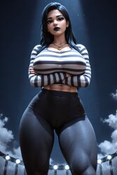 1girls 3d 3d_(artwork) abs ai ai_generated big_ass big_breasts black_hair black_jeans black_legwear black_lips black_lipstick black_pants breasts busty busty_female female gold_jewelry gold_necklace goth goth_girl goth_mommy hi_res high_resolution highres jeans joan_(oc) joan_goth_mommy_(oc) large_breasts long_hair long_sleeves low-angle_view muscular muscular_female necklace plump_lips radnsad skin_tight skin_tight_outfit skintight slim_thick slim_waist solo solo_female solo_focus striped striped_shirt stripes tagme thick_ass thick_legs thick_thighs tight_clothes tight_clothing tight_pants tight_shirt viewed_from_below