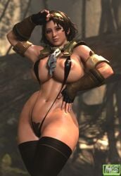 1girls 3d areolae big_breasts breasts brown_eyes brown_hair capcom female female_only functionally_nude functionally_nude_female hagiwara_studio hi_res large_breasts monster_hunter monster_hunter_world serious_handler sling_bikini slingshot_swimsuit solo thick_thighs thighs wide_hips