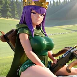 1girls 3d 3d_(artwork) 3d_artwork absurd_res absurd_resolution absurdres ai_generated archer_queen_(clash_of_clans) archer_queen_(clash_royale) arrow artist_request athletic athletic_body athletic_female big_breasts bow breasts busty busty_female busty_girl cape clash_(series) clash_of_clans clash_royale closed_mouth clothed clothing crown curvaceous curvaceous_female curvaceous_figure curvy curvy_body curvy_female curvy_figure curvy_hips cute cute_expression cute_eyes cute_face cute_female dress dressed emale female_only female_solo front_view fully_clothed fully_dressed grass grass_field green_cape green_clothing green_dress green_skirt half-closed_eyes headwear hi_res high_quality high_resolution highres huge_breasts large_breasts legs long_hair looking_at_viewer purple_eyes purple_hair seductive seductive_body seductive_eyes seductive_look sideboob sitting sitting_down skirt slim_waist small_waist smile smiling smiling_at_viewer solo_female supercell supercell_(company) thick_thighs thighs thin_waist tree trees