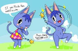 2025 accident accidental_exposure aliasing animal_crossing anthro arms_bent bent_leg big_eyes big_head biped black_text blue_body blue_fur blue_hair blush blush_stickers chibi clitoris clothed clothed_anthro clothed_female clothing cloud_emanata dialogue digital_media_(artwork) dipstick_ears dipstick_tail domestic_cat dress ear_markings ellipsis emanata english_text exclamation_point featureless_feet featureless_hands feet felid feline felis female female_anthro flat_chested fur genitals gloves_(marking) grass grorby hair hand_on_face hand_on_hip happy holding_object holding_wand leg_markings magic_user magic_wand mammal markings multicolored_body multicolored_ears multicolored_fur nintendo nipples noseless nude nude_anthro nude_female oblivious one_eye_closed one_leg_up open_mouth outside pink_clothing pink_dress pink_nipples pixel_(artwork) plant pose pussy raised_arm raised_leg rosie_(animal_crossing) sequence shaded sky socks_(marking) solo sparkles standing tail tail_markings talking_to_viewer text tongue tongue_out vulva wardrobe_malfunction white_speech_bubble wink