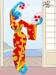 3_eyes alien alien_girl alien_humanoid amphibian amphibian_humanoid blue_body dancing female female_only hand_fan helium2 hylotl japanese japanese_clothes japanese_interior kimono mountain multicolored_body ocean red_eyes seductive seductive_dance seductive_female starbound tagme teal_body webbed_feet webbed_hands white_body
