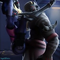 3d akande_ogundimu amelie_lacroix animated blender dark-skinned_male dark_skin doomfist erection feet_out_of_frame female happy interracial male no_sound overwatch penis rape restrained sageofosiris straight suspended suspension video widowmaker