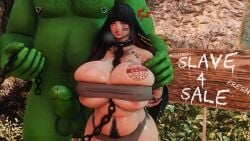 1female 1male barcode bbw body_writing chain chubby collar for_sale gpose_(ffxiv) hairy heterochromia huge_breasts narmayathedraph nose_ring orc penis piercing pubic_hair slave tanned tattoo