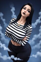 1girls 3d 3d_(artwork) abs ai ai_generated big_ass big_breasts black_hair black_jeans black_legwear black_lips black_lipstick black_pants breasts busty busty_female female gold_jewelry gold_necklace goth goth_girl goth_mommy hi_res high_resolution highres jeans joan_(oc) joan_goth_mommy_(oc) large_breasts long_hair long_sleeves muscular muscular_female necklace plump_lips radnsad skin_tight skin_tight_outfit skintight slim_thick slim_waist solo solo_female solo_focus striped striped_shirt stripes tagme thick_ass thick_legs thick_thighs tight_clothes tight_clothing tight_pants tight_shirt