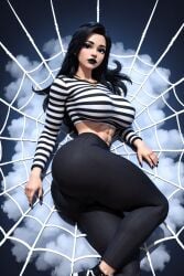 1girls 3d 3d_(artwork) abs ai ai_generated big_ass big_breasts black_hair black_jeans black_legwear black_lips black_lipstick black_pants breasts bubble_ass bubble_butt busty busty_female female gold_jewelry gold_necklace goth goth_girl goth_mommy halloween halloween_decoration halloween_theme hi_res high_resolution highres jeans joan_(oc) joan_goth_mommy_(oc) large_breasts laying laying_down long_hair long_sleeves muscular muscular_female necklace plump_lips radnsad skin_tight skin_tight_outfit skintight slim_thick slim_waist solo solo_female solo_focus spider_web spiderweb striped striped_shirt stripes tagme thick_ass thick_legs thick_thighs tight_clothes tight_clothing tight_pants tight_shirt web