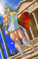 breasts cape cleavage darkereve female gladiator_sandals mesiasart muscles muscular_female sandals solo white_hair yellow_eyes