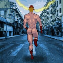 1boy animated ass ass_focus city city_street dc dc_comics electricity gloves kid_flash light-skinned_male male male_only mask_only running running_nude running_shoes solo the_flash_(series) wally_west