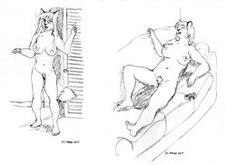 2017 anthro beaver beverly_(sailoranna) breasts canine closed_eyes controller dipstick_tail duo female fox game_controller lying mammal monochrome multicolored_tail navel nude on_back pubes pussy rodent sethtriggs sketch sofa standing tina_(sailoranna)