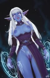amelette blizzard_entertainment blue_skin breasts carpet_matching_drapes cleft_of_venus colored_skin dress earrings elf female female_pubic_hair highres jewelry long_hair medium_breasts nightborne nipples personal_ami personalami pointy_ears pubic_hair pussy solo uncensored warcraft white_hair world_of_warcraft