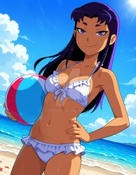 2025 ai_generated beach_background blackfire cartoon_network deviantart elryusam female female_only grinning_at_viewer hand_on_hip holding_beachball looking_at_viewer smile_at_viewer smiling_at_viewer solo teen_titans warner_bros._animation white_bikini