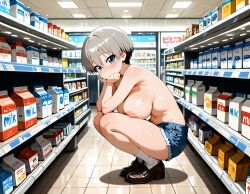 ai_generated boring breasts casual casual_nudity denim denim_shorts encoder exhibitionism female grocery_store hanging_breasts large_breasts leather_shoes nipples public public_exposure public_nudity shop shorts sideboob sitting store topless topless_female uncensored uzaki-chan_wa_asobitai! uzaki_hana white_socks