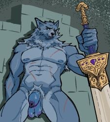 abs anthro armpit_hair balls bara blaidd_(elden_ring) body_hair canid canine canis elden_ring fangs foreskin fromsoftware gay gay_male genitals hieronymusjohnson looking_at_viewer male male_only mammal melee_weapon muscular muscular_anthro muscular_male pecs penis pubes scar solo solo_male sword teeth uncircumcised weapon wolf