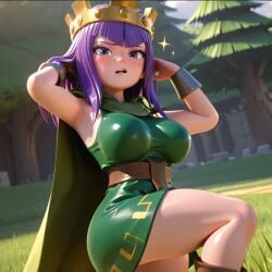 1girls 3d 3d_(artwork) 3d_artwork absurd_res absurd_resolution absurdres ai_generated archer_queen_(clash_of_clans) archer_queen_(clash_royale) armwear artist_request athletic athletic_body athletic_female big_breasts blush blushed_face blushing_at_viewer blushing_female boots breasts busty busty_female busty_girl cape clash_(series) clash_of_clans clash_royale clothed clothing crown curvaceous curvaceous_female curvaceous_figure curvy curvy_body curvy_female curvy_figure curvy_hips cute cute_expression cute_eyes cute_face cute_female dress dressed female female_only female_solo forest forest_background front_view fully_clothed fully_dressed grass grass_field green_cape green_clothing green_dress green_skirt half-closed_eyes hands_behind_head headwear hi_res high_quality high_resolution highres huge_breasts large_breasts leg_up legs long_hair looking_at_viewer open_mouth purple_eyes purple_hair sideboob skirt slim_waist small_waist solo_female standing supercell supercell_(company) suprised suprised_eyes suprised_look teeth teeth_showing teeth_visible thick_thighs thighs thin_waist tree trees upper_teeth upper_teeth_only