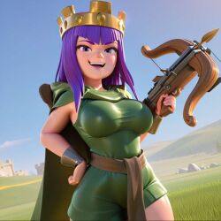 1girls 3d 3d_(artwork) 3d_artwork absurd_res absurd_resolution absurdres ai_generated archer_queen archer_queen_(clash_of_clans) archer_queen_(clash_royale) arrow artist_request ass athletic athletic_body athletic_female big_breasts bow breasts busty busty_female busty_girl cape castle clash_(series) clash_of_clans clash_royale clothed clothing crown curvaceous curvaceous_female curvaceous_figure curvy curvy_body curvy_female curvy_figure curvy_hips cute cute_expression cute_eyes cute_face cute_female dress dressed ears exposed_thighs eyebrows eyelashes eyeshadow eyewear female female_only female_solo front_view fully_clothed fully_dressed glistening glistening_body glistening_eyes glistening_legs glistening_skin glistening_thighs grass grass_field green_cape green_clothing green_dress green_skirt half-closed_eyes hand_on_hip headwear hi_res high_quality high_resolution highres huge_boobs huge_breasts large_boobs large_breasts legs long_hair looking_at_viewer open_mouth open_smile purple_eyes purple_hair seductive seductive_body seductive_eyes seductive_look shiny shiny_body shiny_clothes shiny_hair shiny_skin shiny_thighs skirt sky slim_waist small_waist smile smiling smiling_at_viewer smooth_body smooth_skin solo_female standing supercell supercell_(company) teeth teeth_showing teeth_visible thin_waist upper_teeth upper_teeth_only