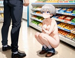 1girls ai_generated anus breasts casual casual_nudity clothed_male_nude_female confused covered_nipples covering covering_breasts denim denim_shorts encoder exhibitionism female grocery_store hiding_breasts large_breasts leather_shoes looking_at_another male naked naked_female nipple_slip nipples nude nude_female public public_exposure public_nudity pulled_down_pants sad shop shorts shorts_down sitting squatting store uncensored undressing uzaki-chan_wa_asobitai! uzaki_hana white_socks