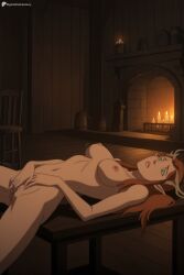 digitalwaifugallery ai_generated patreon seductive sexy uncensored watermark hi_res high_quality high_resolution keyleth critical_role 1girl breasts nipples solo pointy_ears nude pussy lying candle masturbation female_masturbation on_back long_hair indoors table medium_breasts brown_hair completely_nude candlelight green_eyes navel wooden_floor elf lips on_table horns antlers