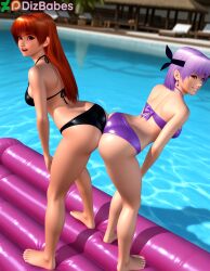 2girls ai_generated ass-to-ass ayane_(doa) bikini black_bikini dead_or_alive dead_or_alive_xtreme dead_or_alive_xtreme_beach_volleyball dizbabes female female_only grin hachimaki headband kasumi_(doa) long_hair open_mouth outdoors pool pool_float purple_bikini purple_hair red_eyes red_hair short_hair stable_diffusion tecmo video_games