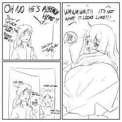 1boy 1boy1girl 3panels after_sex ass ass_focus ass_up bangs black_and_white blush blush_lines brie_(lidipon) bubble_butt bunny bunny_boy bunny_ears bunny_girl bunny_tail caught caught_in_the_act caught_off_guard comic comic_page comic_panel dialogue english english_text female funny helena_(lidipon) humor implied_nudity implied_sex lidipon line_art male messy_hair mouse mouse_ears mouse_girl original original_artwork original_character original_characters panels questionable sheet_grab sheets shirt silly sketch sketchy surprised surprised_expression sweat theo_(lidipon)