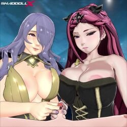 1boy 2_fingers 2girls 3d areola areola_slip areolae areolae_slip areolae_visible_through_clothing big_breasts breasts camilla_(fire_emblem) cleavage_overflow corset disappointed disappointed_look disgusted double_handjob dress female fire_emblem fire_emblem_fates fire_emblem_heroes handjob happy happy_sex huge_breasts large_breasts light-skinned_female light-skinned_male light_skin loki_(fire_emblem) longer_than_10_seconds looking_at_viewer male maroon_hair one_eye_obstructed outfit_swap penis pov purple_hair shaddoll_x shorter_than_30_seconds small_penis small_penis_adoration small_penis_humiliation summoner_(fire_emblem_heroes) tagme threesome two_finger_handjob video